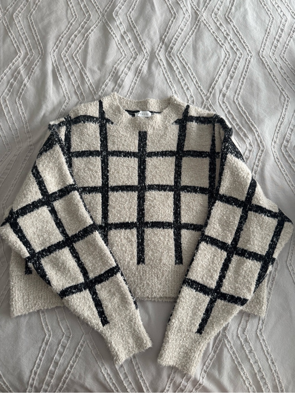 Topshop Cream Crewneck Sweater with Black Windowpane Grid